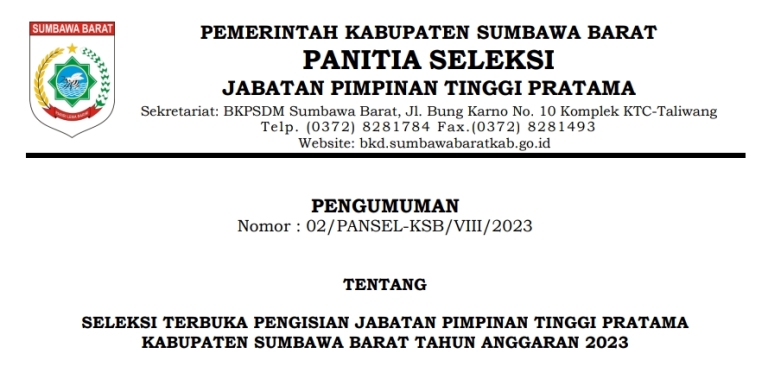 Dipastikan, Pendaftaran Seleksi Terbuka JPTP KSB Diperpanjang