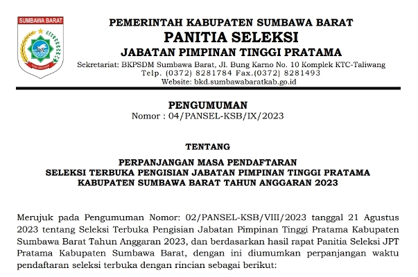 Hari Ini, Batas Terakhir Pendaftaran Seleksi Terbuka JPTP KSB